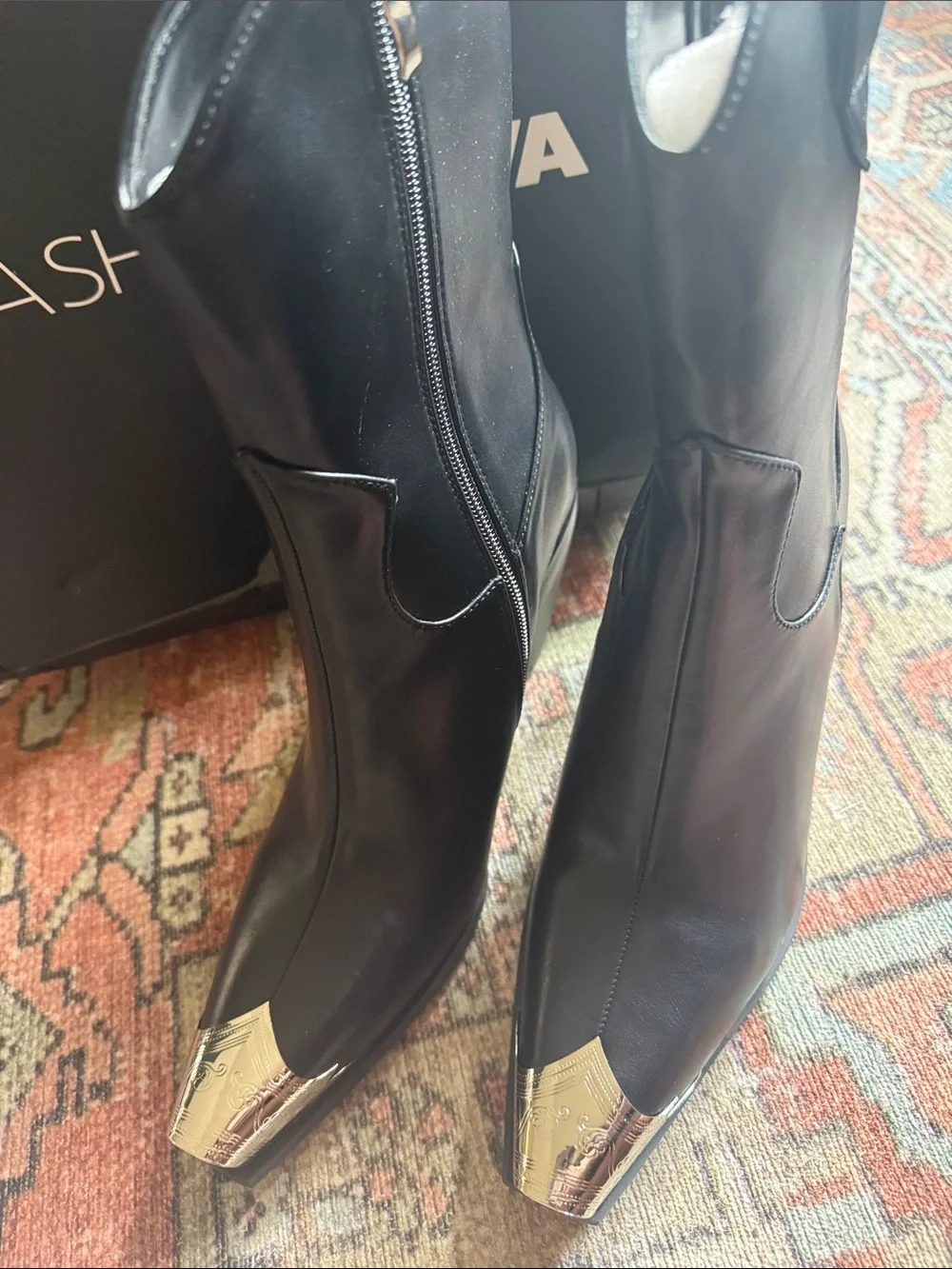 Fashion Nova Black Ankle Booties with Silver Toe Caps
